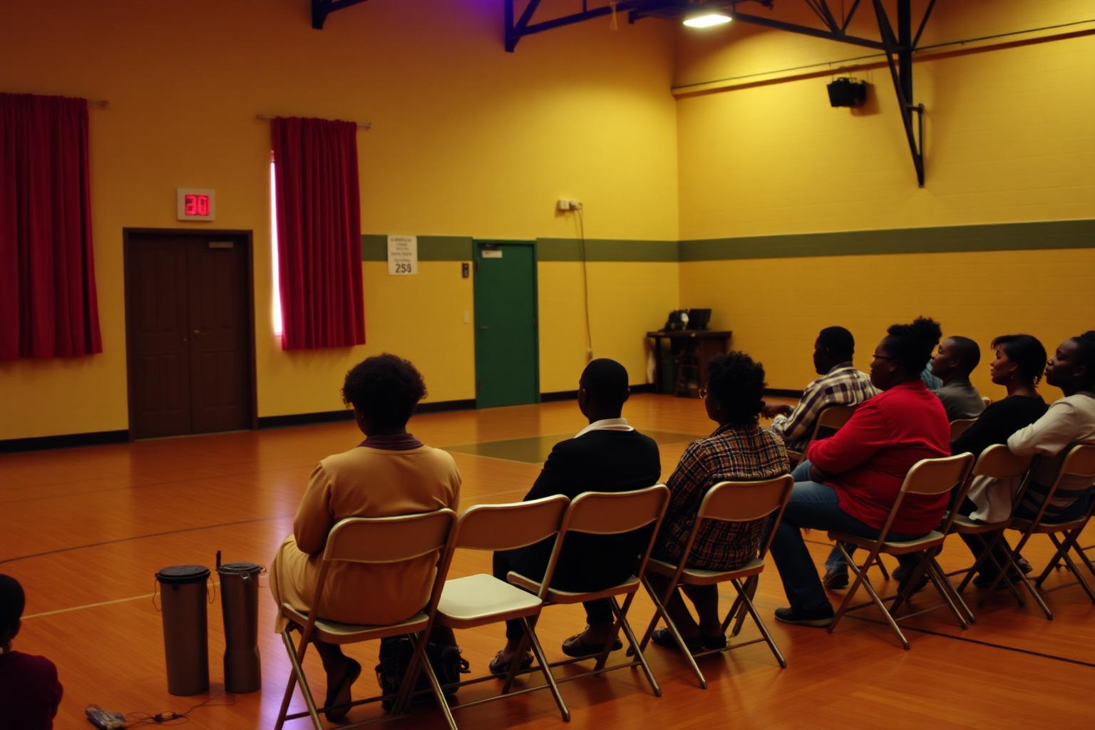 Small group meeting in a rented gymnasium at the beginning of the church