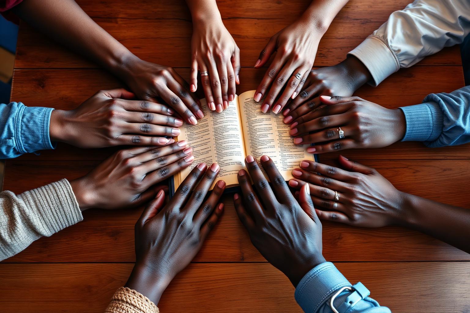 Hands resting on an open Bible together in a study circle