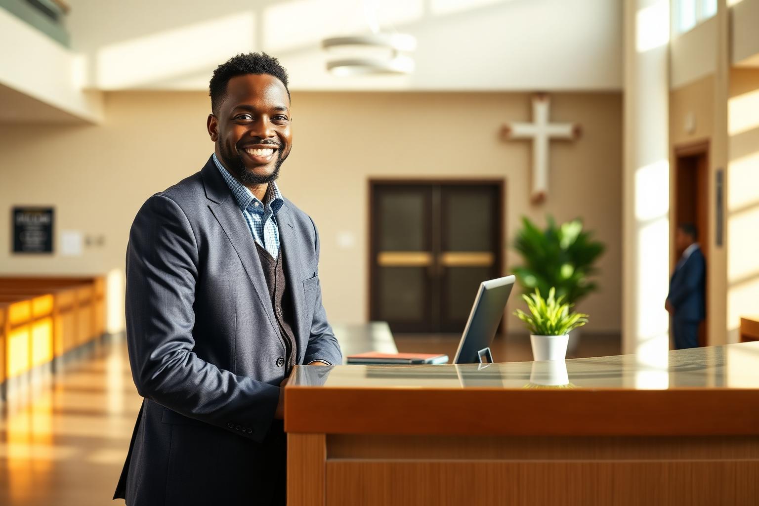 Friendly welcome volunteer at the House of Bread Ministries welcome desk