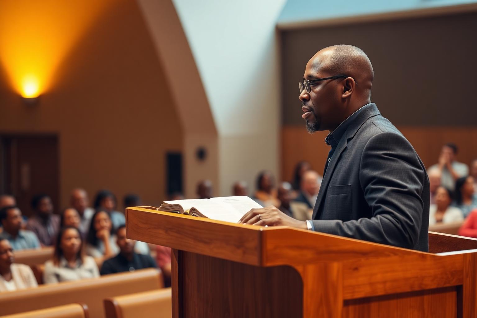 Pastor teaching from the Bible during a Sunday service